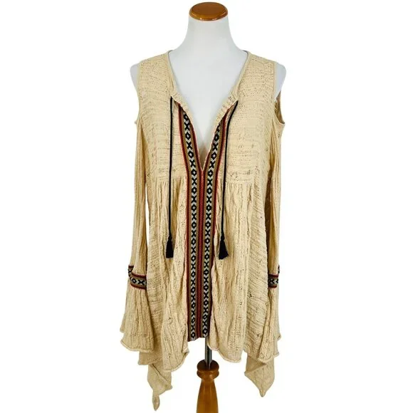 Free People Beige Crochet Cold Shoulder Bell Slv Asymmetrical Tunic Mini Dress - Picture 2 of 16